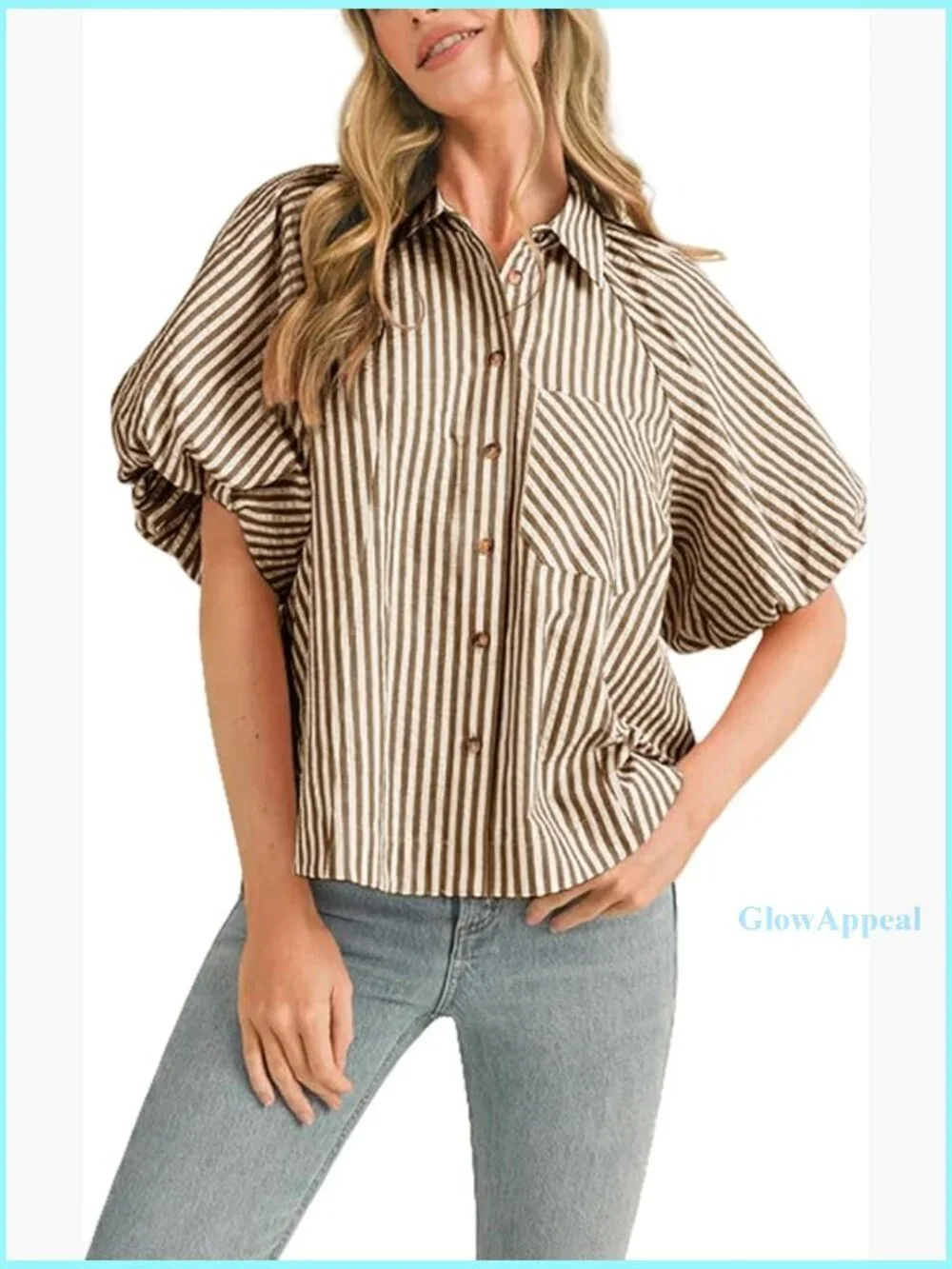 Striped Button Down Shirt Puff Sleeve Collared V Neck Loose Casual Blouse - Picture 1 of 7